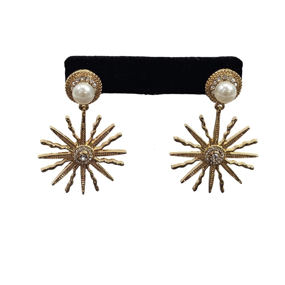 Free People Starburst Drop Earrings Womens Gold Tone Faux Pearl Rhinestone Sun